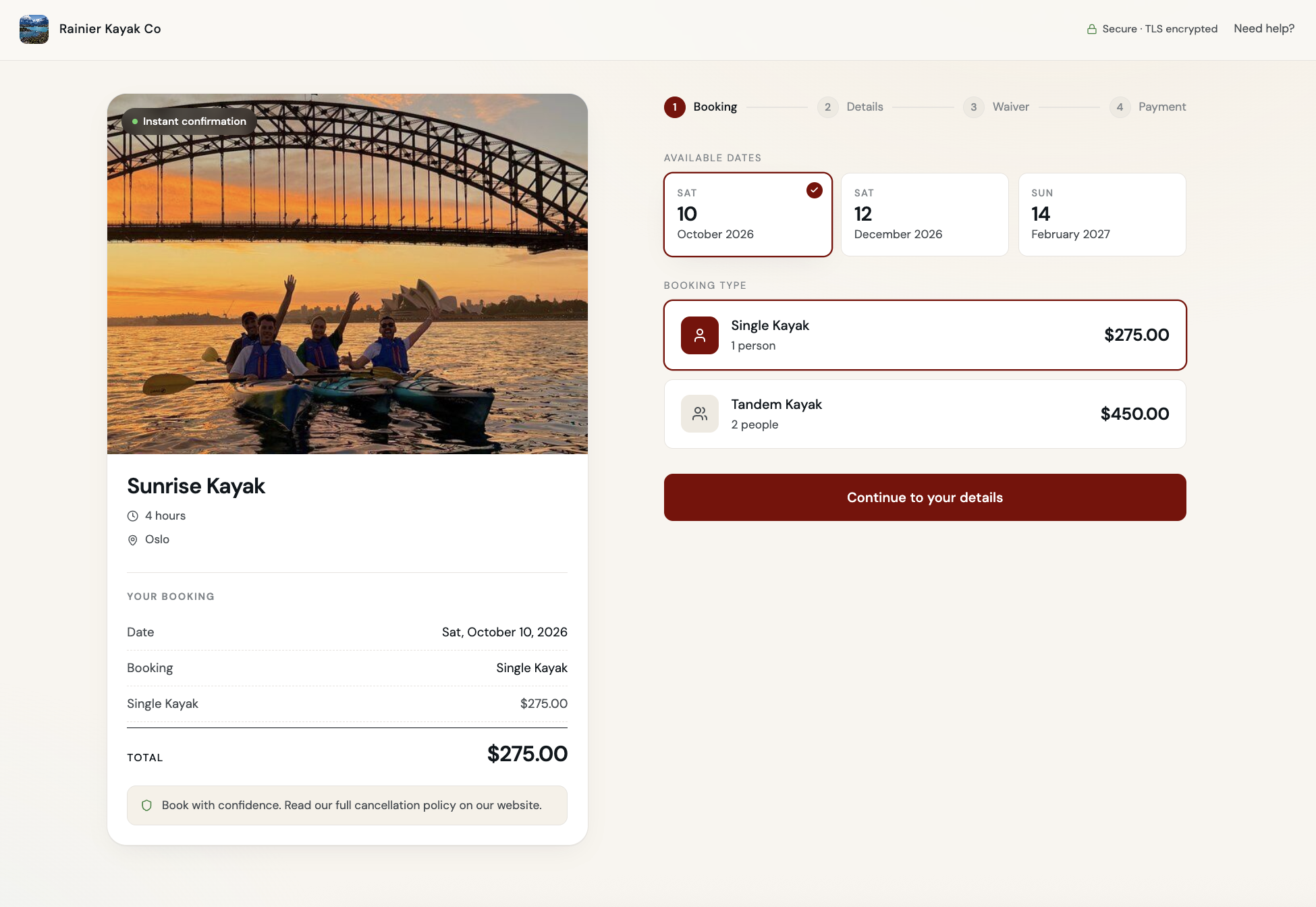 Guest booking flow showing available dates and booking type selection