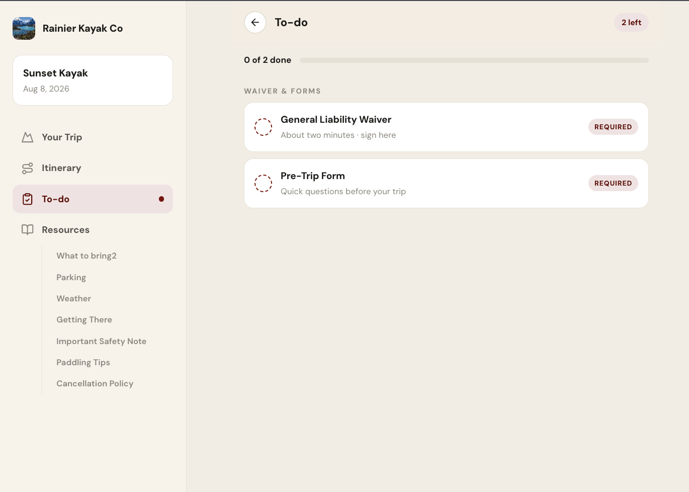 OneLink to-do view with required waiver and pre-trip form