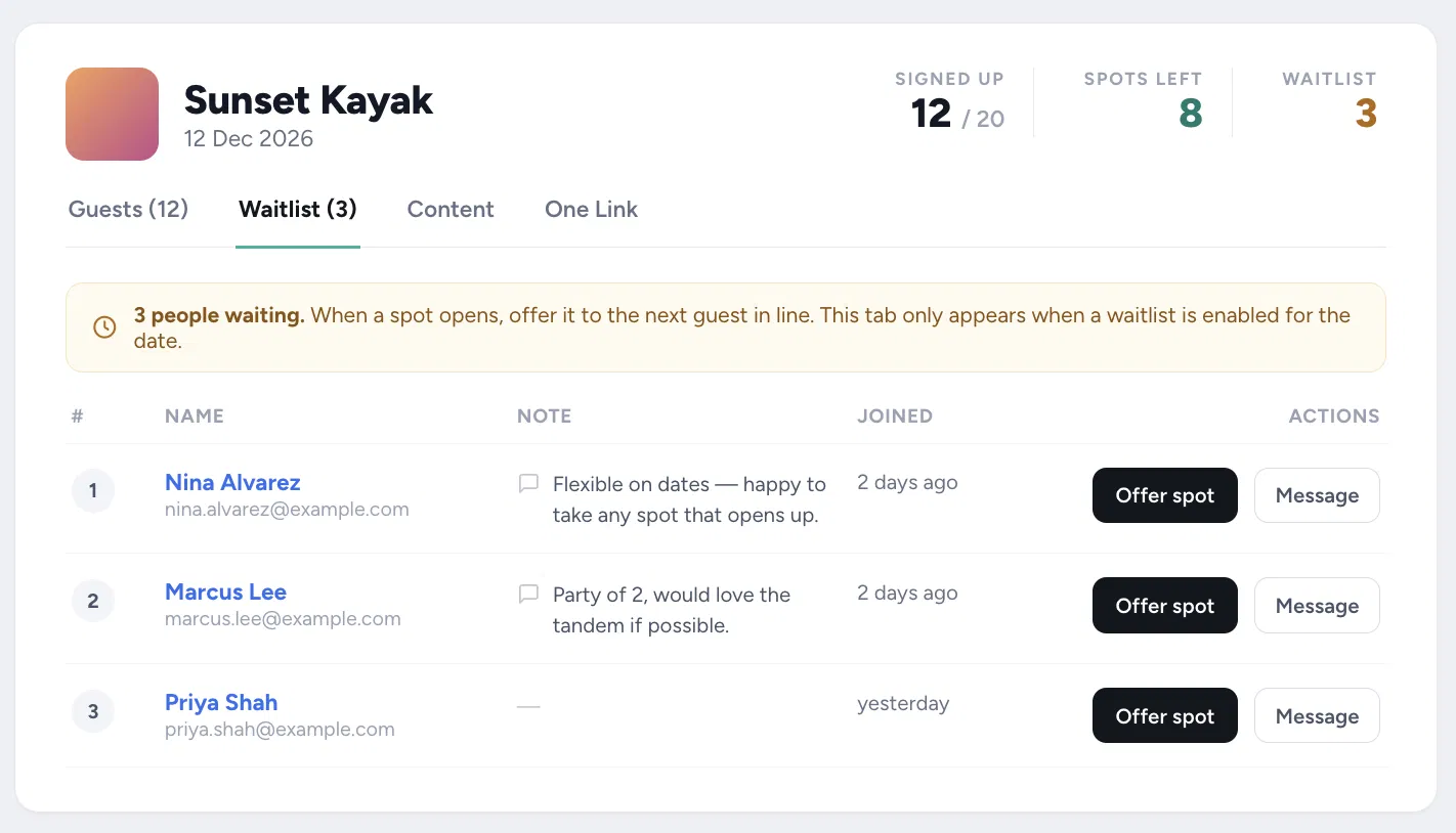 Waitlist management with offer spot and messaging actions
