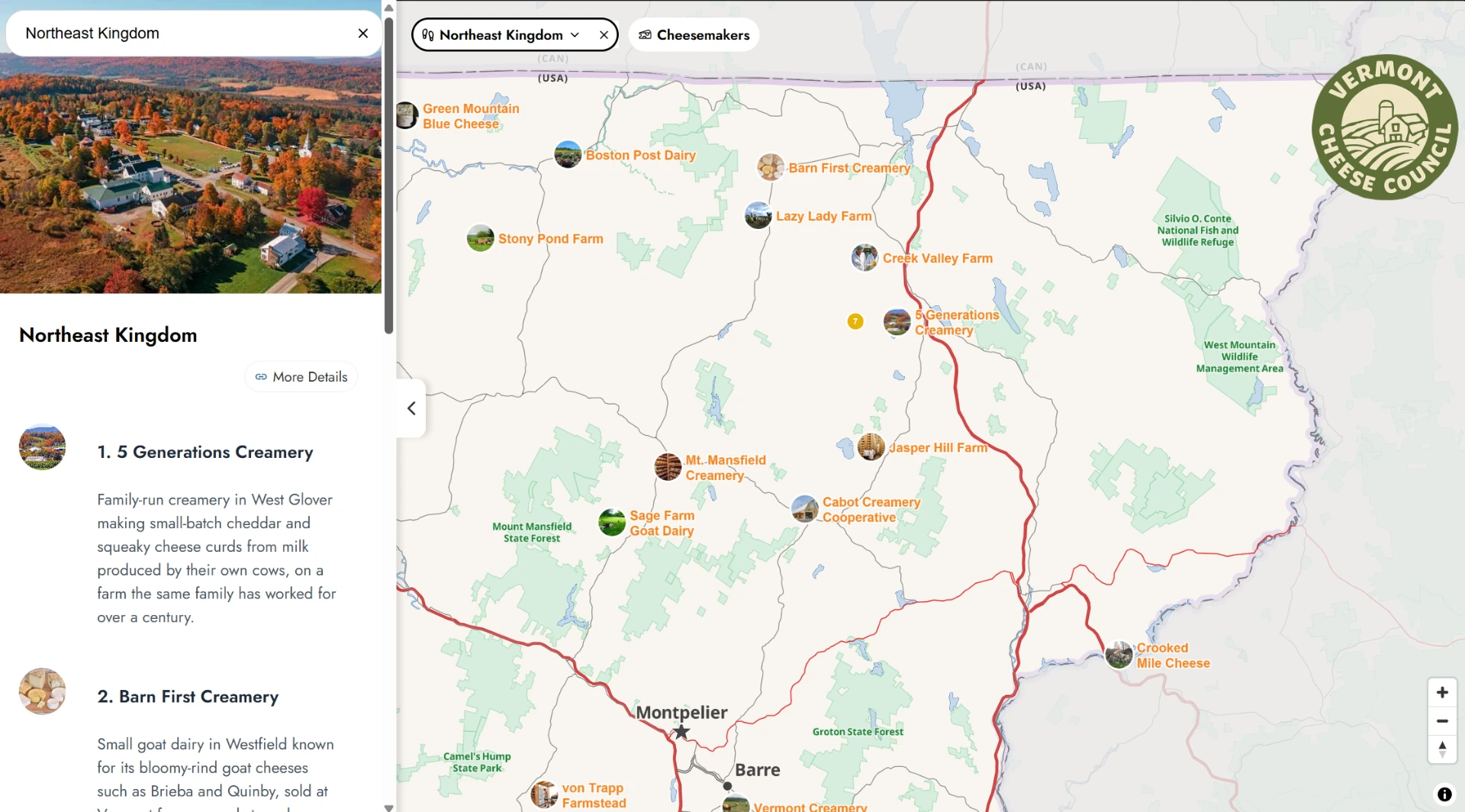 Wayward map with a region guide panel listing local producers and their stories
