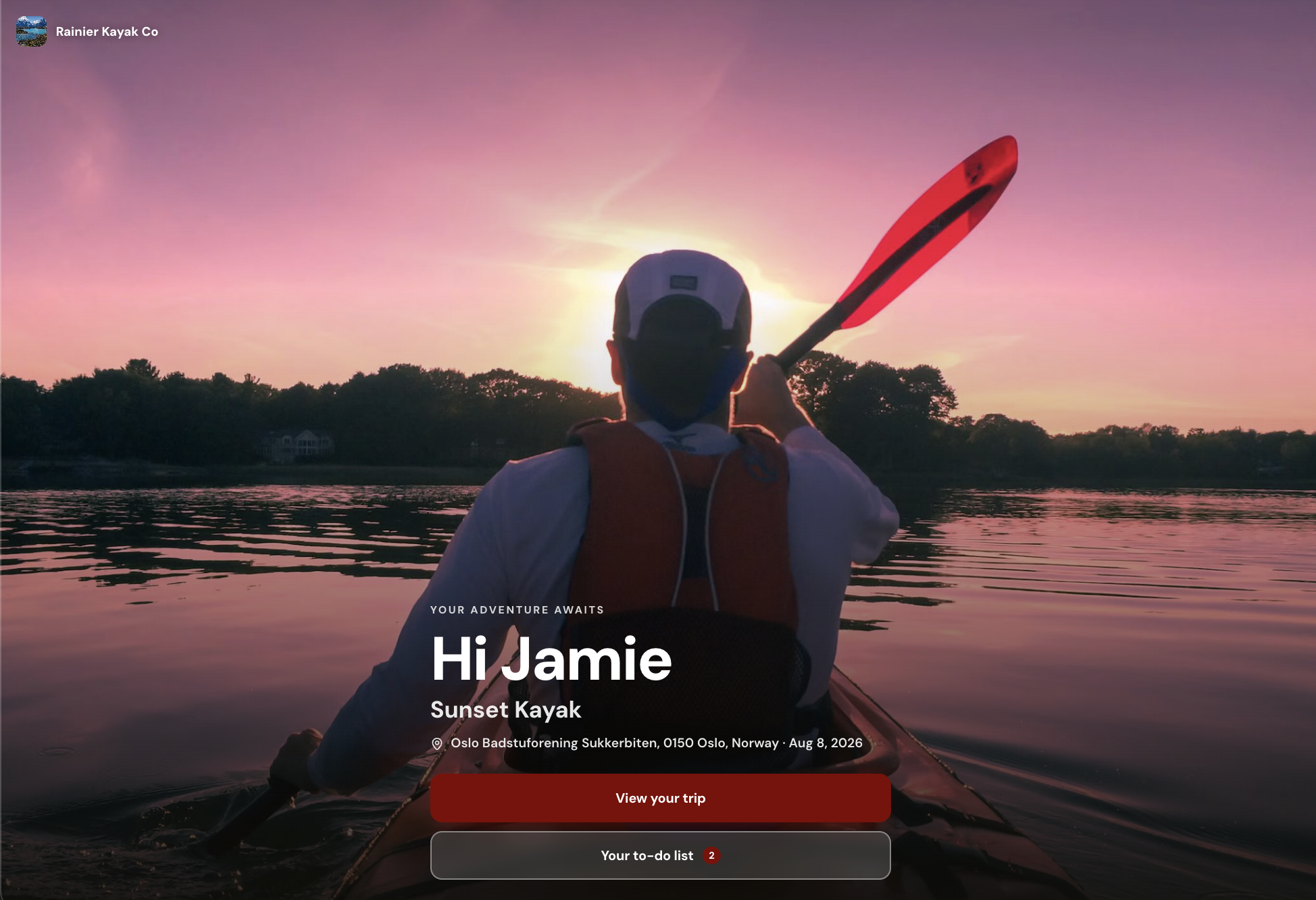 OneLink guest landing screen personalized for a paddler named Jamie with sunset kayak trip details
