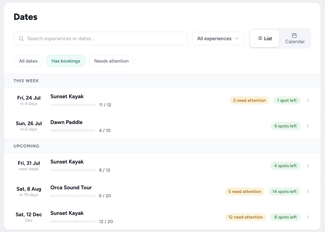 Operator dashboard showing dates, capacity, and bookings needing attention