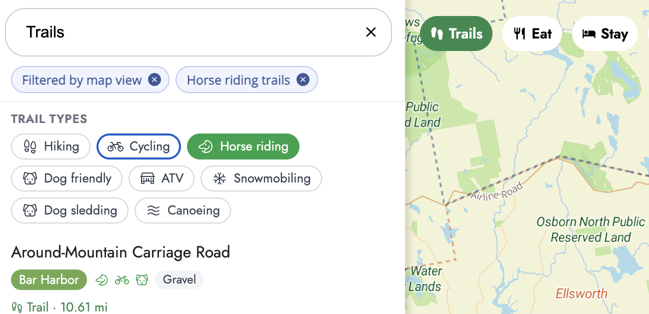 Tourism map trail filters showing hiking, cycling, horse riding, dog friendly, ATV, snowmobiling, dog sledding, and canoeing options