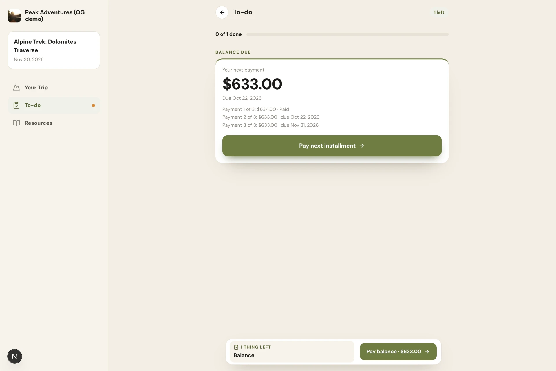 A guest's Wayward trip hub showing the next payment amount, due date, the full installment schedule, and a green pay button