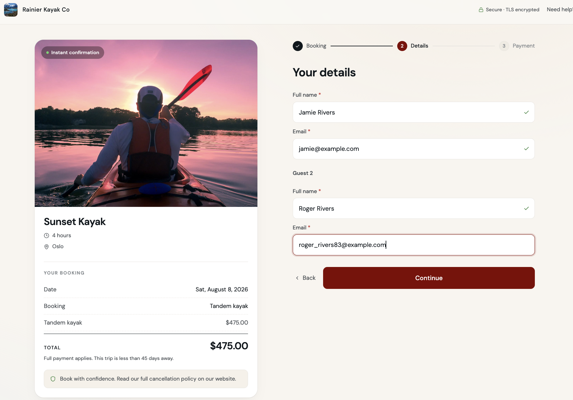 Guest details step of the booking flow with per-guest fields