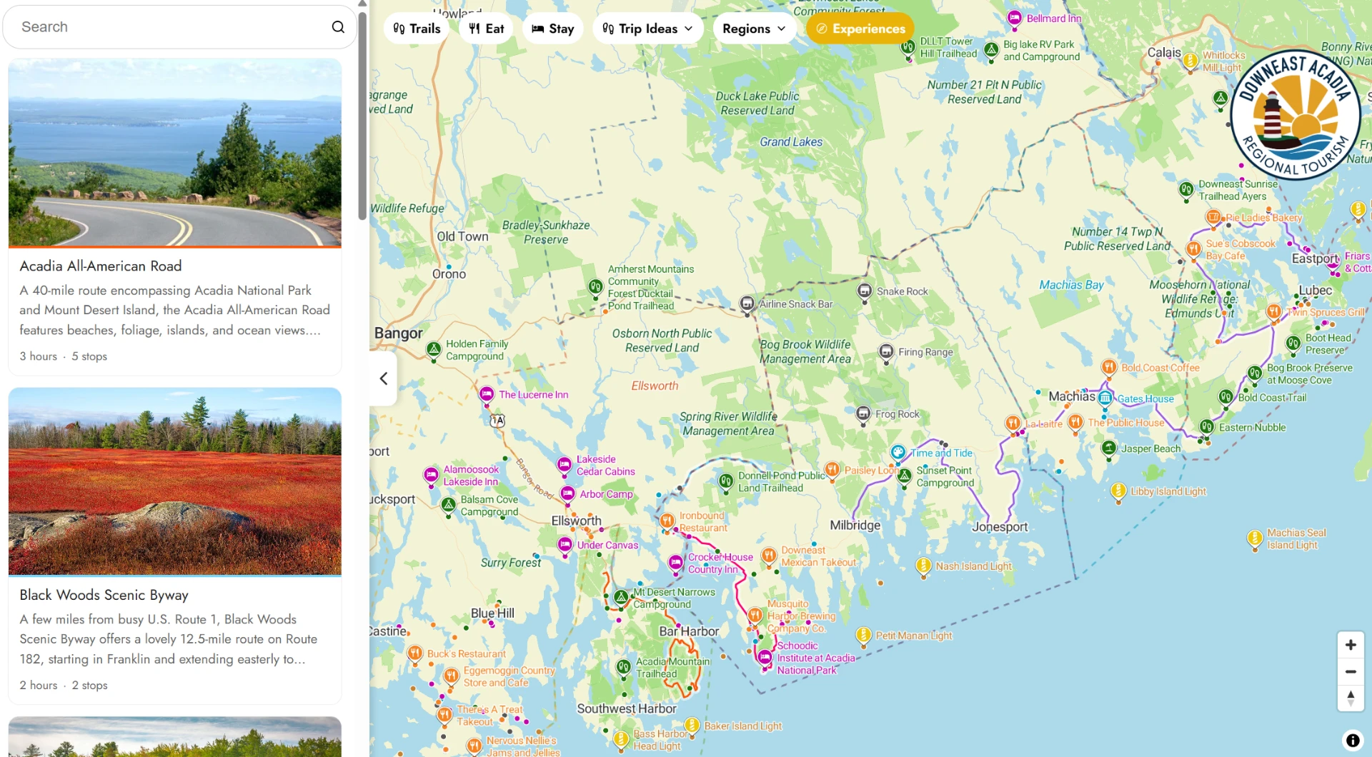 Wayward interactive tourism map showing scenic byways and trip ideas across a coastal region