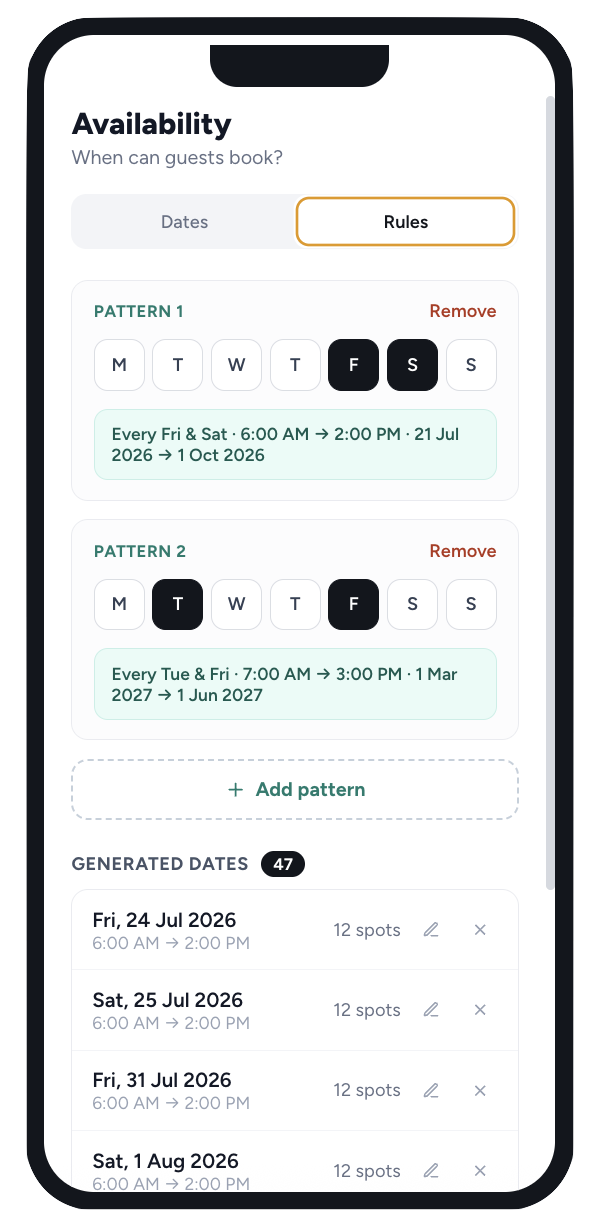 Recurring availability patterns with weekly rules