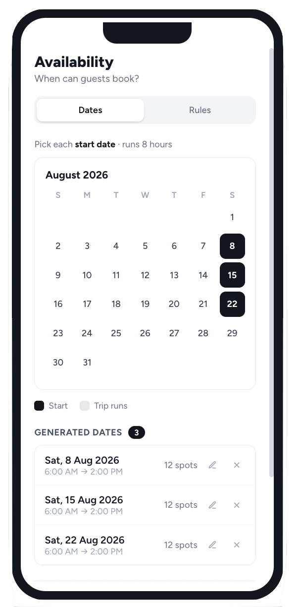 Availability calendar with individual start dates selected