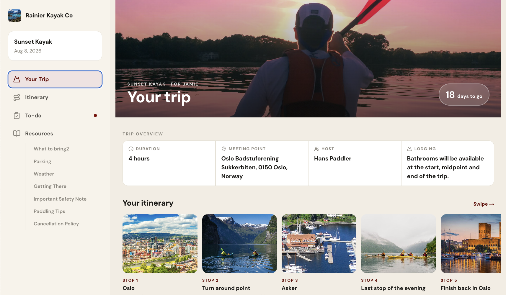 OneLink Your Trip view showing itinerary stops, meeting point, host, and duration