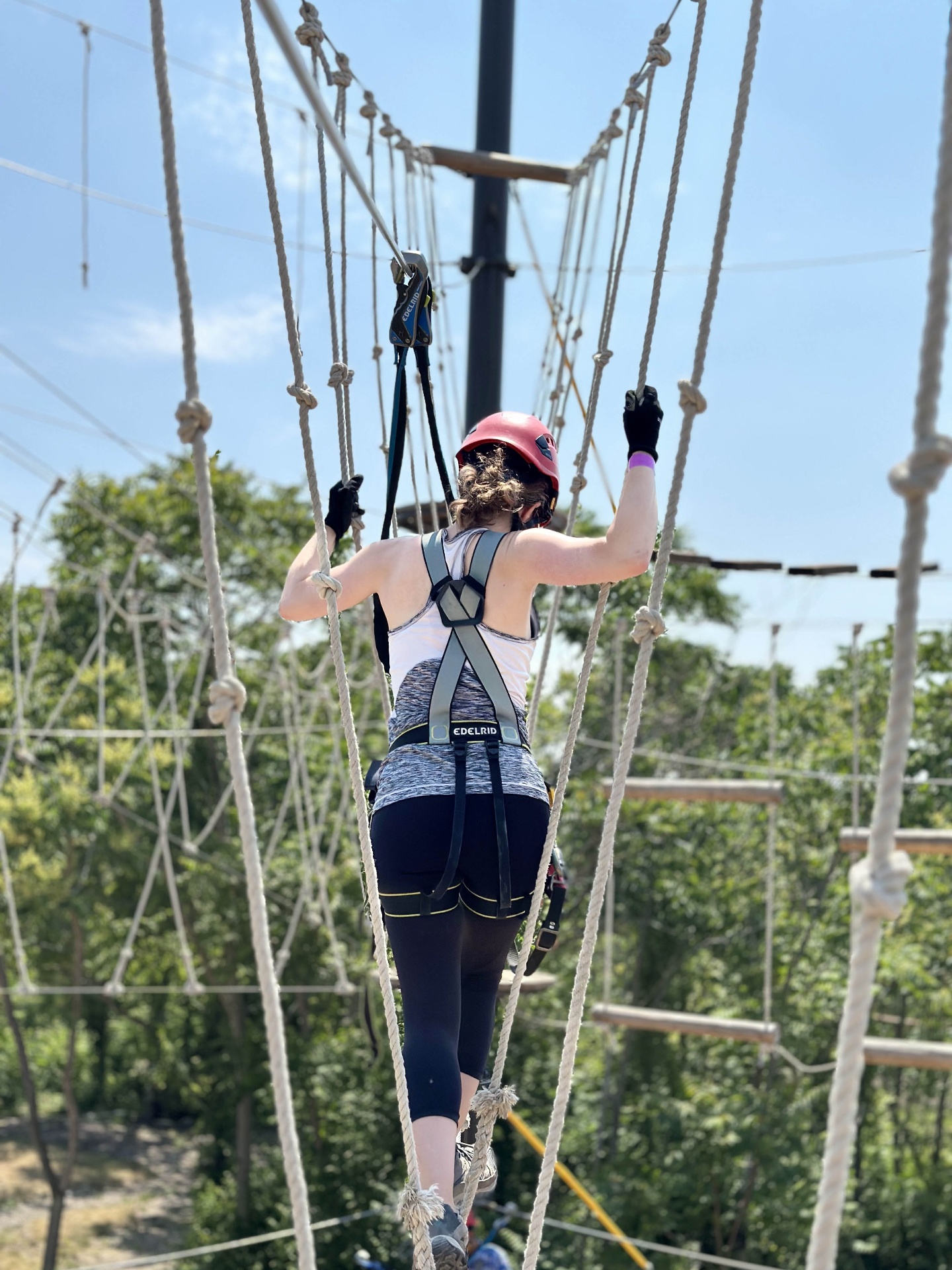 Adventurer navigating a high ropes course