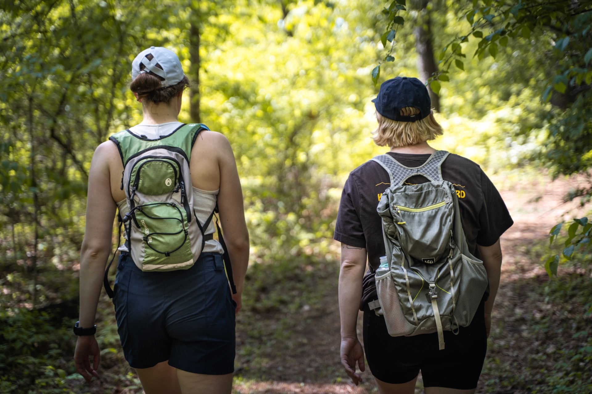 Two hikers walking down a sun-dappled forest trail with daypacks