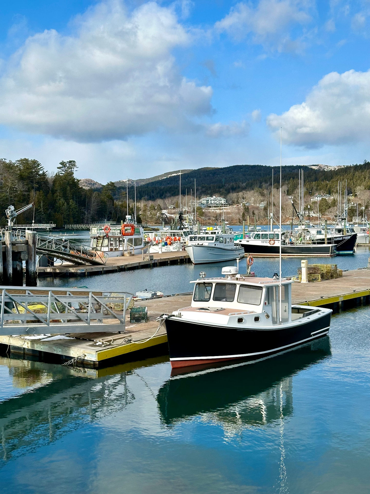A working harbor with fishing boats and coastal mountains